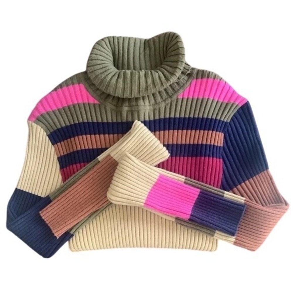 Junior's Y2K Striped Turtleneck Sweater Ribbed Knit Pullover Color Block Small